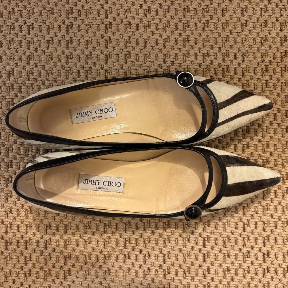 Jimmy Choo Zebra Fir Flats with blue stone on leather strap size 41